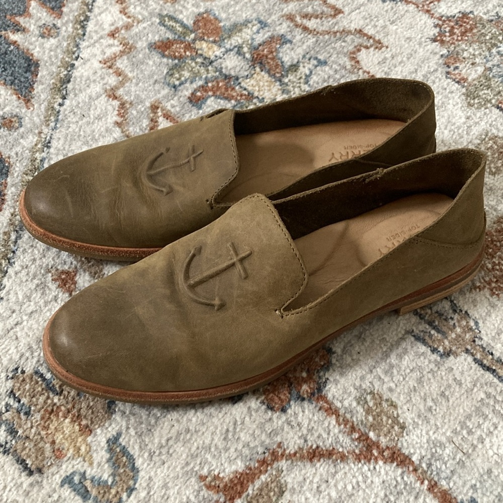 Sperry Olive Green Leather Slip-On Loafers with Anchor Emboss